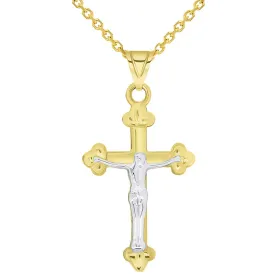 14k Solid Yellow Gold Christian Trefoil Cross Two Tone Crucifix Pendant Necklace Available with Cable Chain