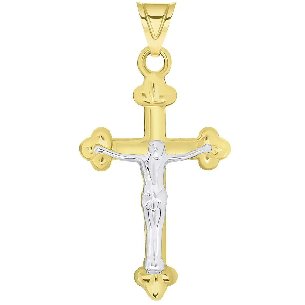 14k Solid Yellow Gold Christian Trefoil Cross Two Tone Crucifix Pendant Necklace Available with Cable Chain