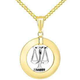 14k Two Tone Gold Open Circle Libra Zodiac Sign Pendant Cuban Necklace