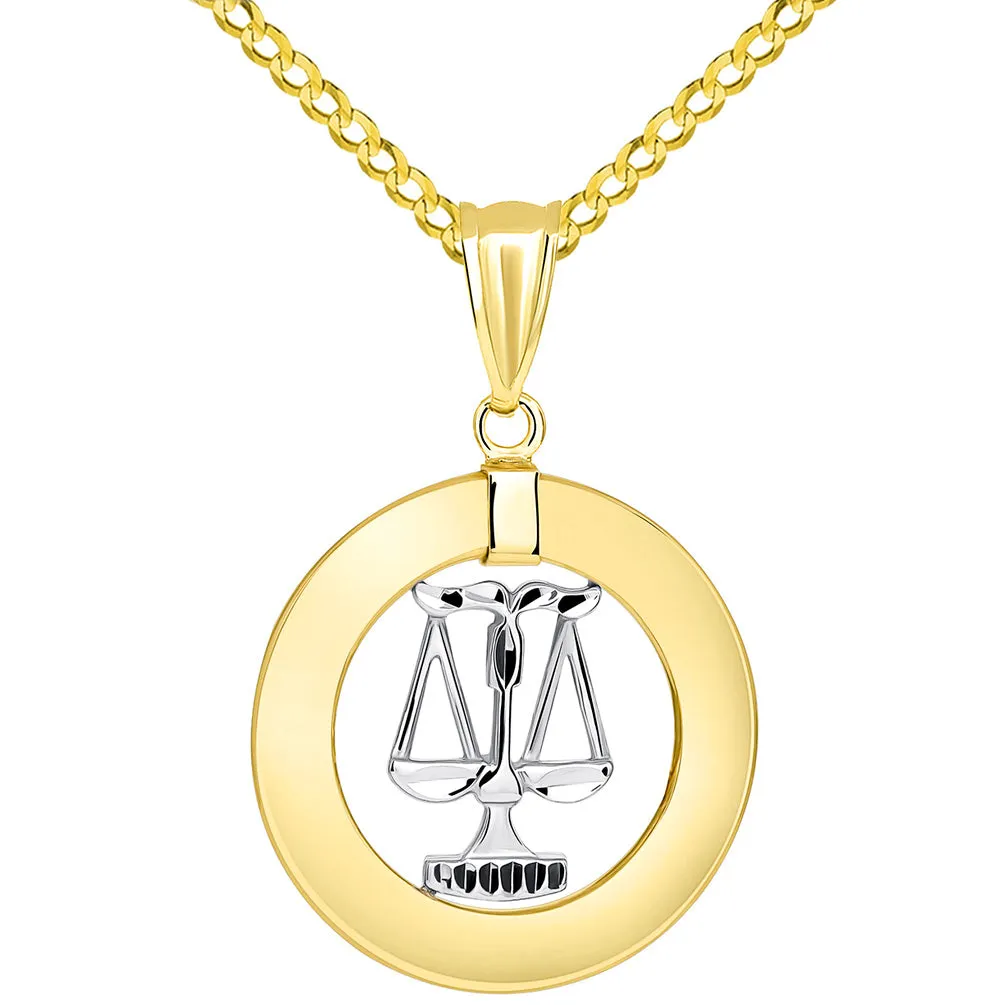 14k Two Tone Gold Open Circle Libra Zodiac Sign Pendant Cuban Necklace