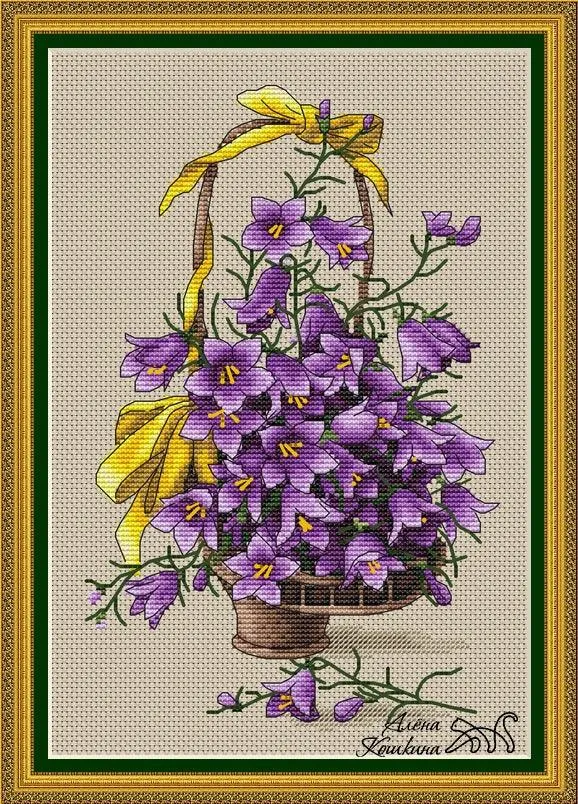 Basket Of Bellflowers - PDF Cross Stitch Pattern