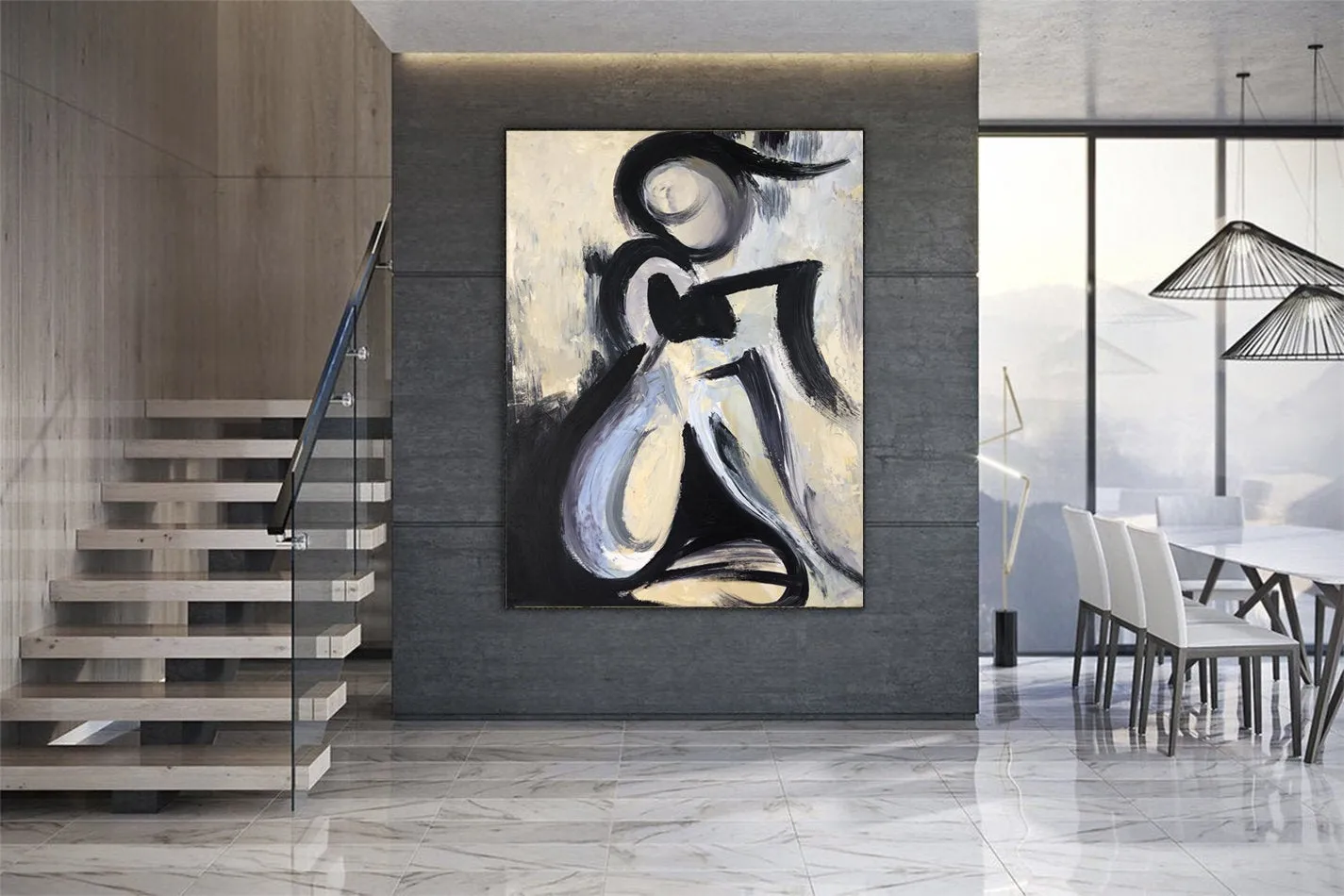 Black And White Abstract Painting On Canvas For Living Room Kp034