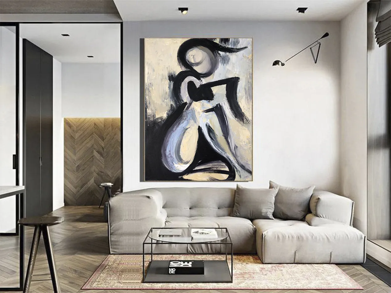 Black And White Abstract Painting On Canvas For Living Room Kp034