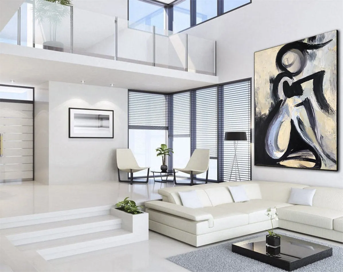 Black And White Abstract Painting On Canvas For Living Room Kp034