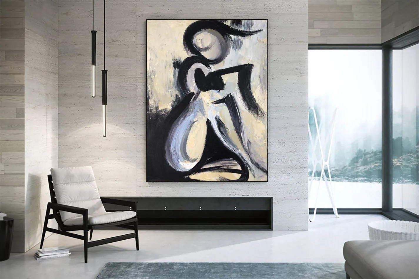 Black And White Abstract Painting On Canvas For Living Room Kp034