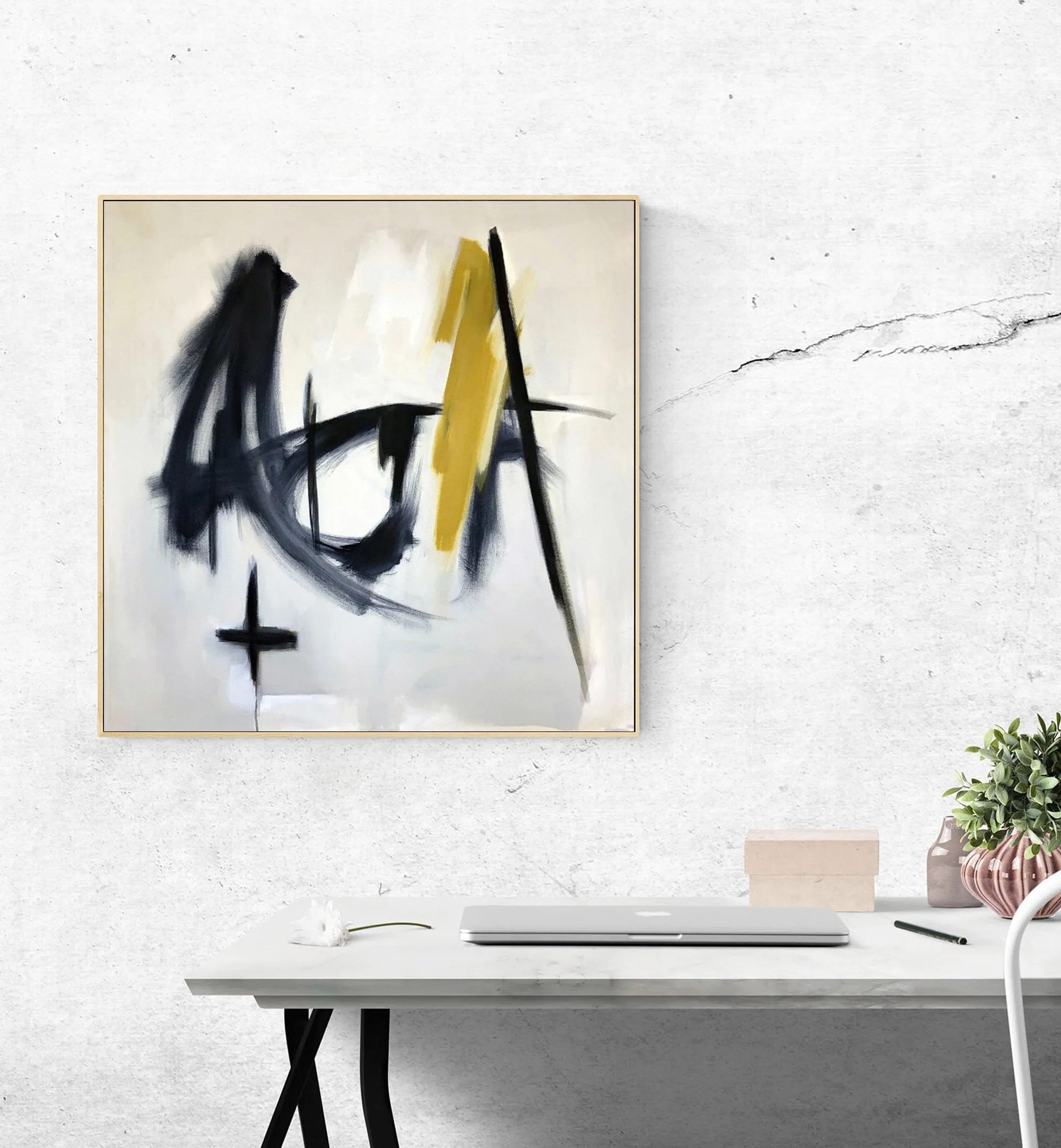 Black and White Painting Yellow Abstract Art Op037