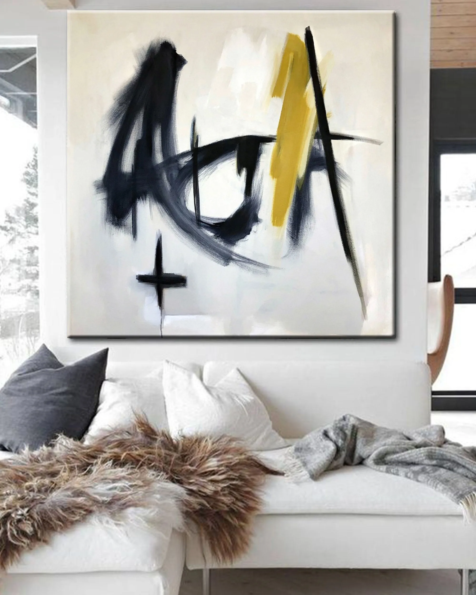 Black and White Painting Yellow Abstract Art Op037