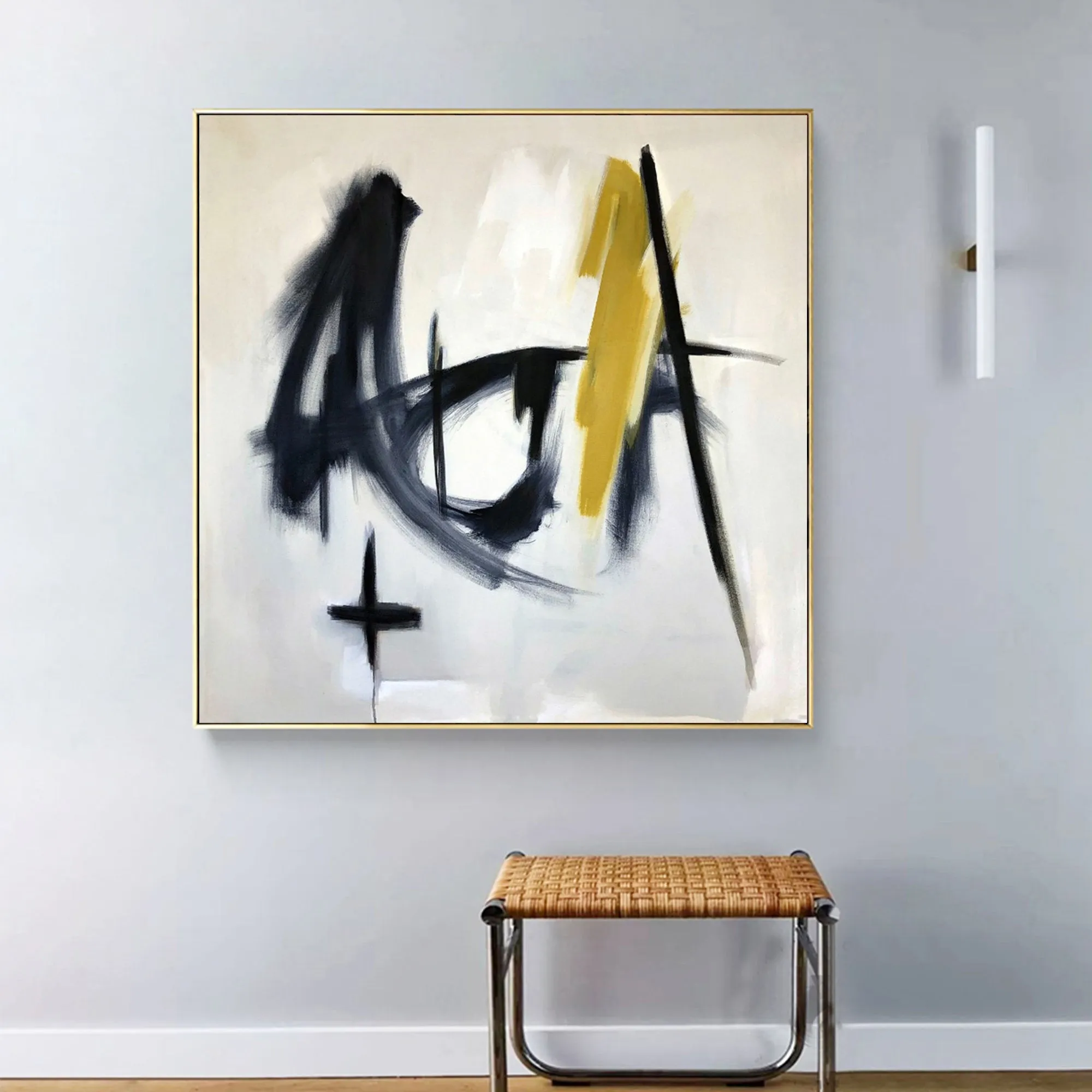 Black and White Painting Yellow Abstract Art Op037