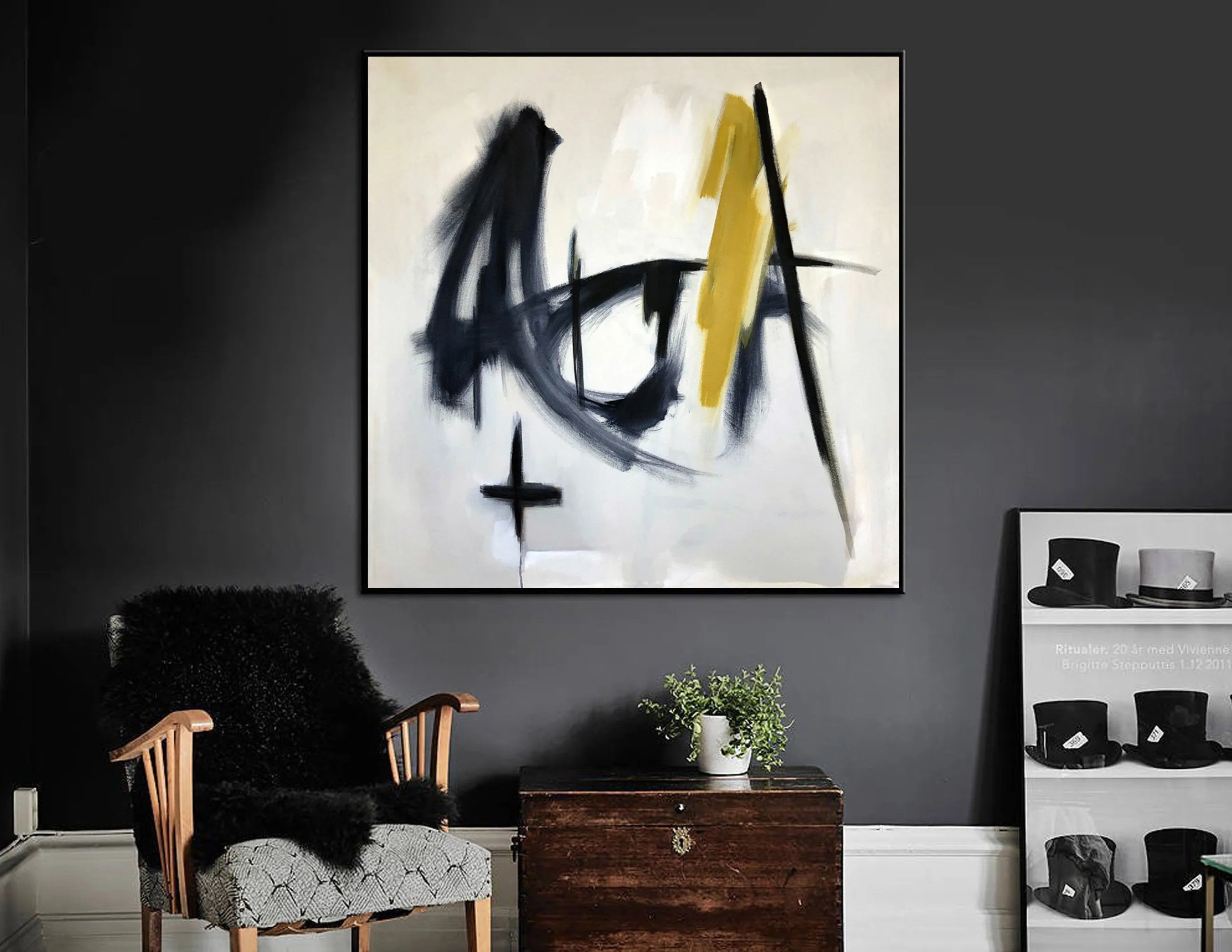 Black and White Painting Yellow Abstract Art Op037