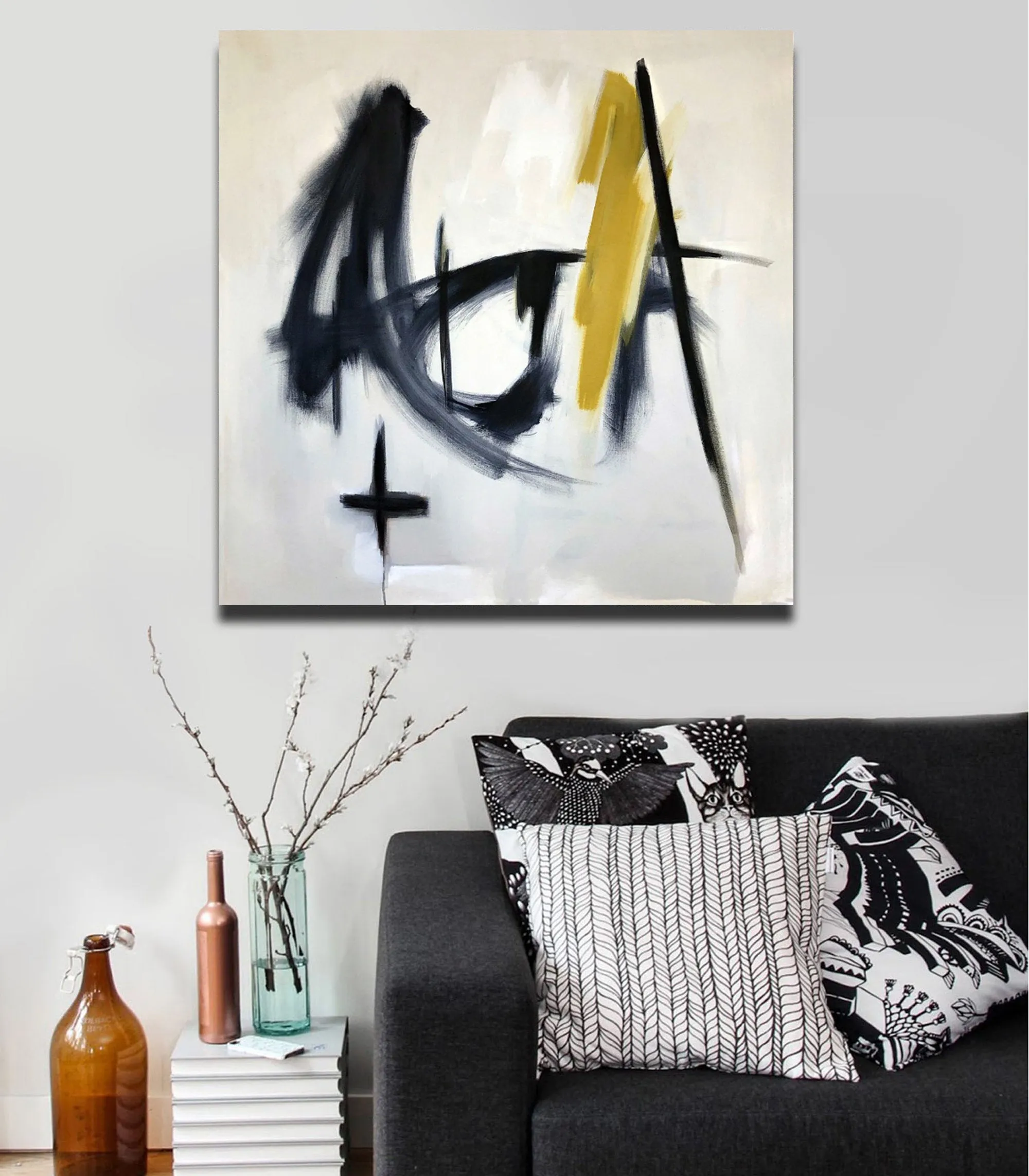 Black and White Painting Yellow Abstract Art Op037