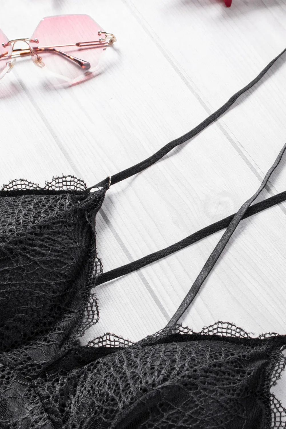 Black Criss Cross Spaghetti Strap Lace Bralette