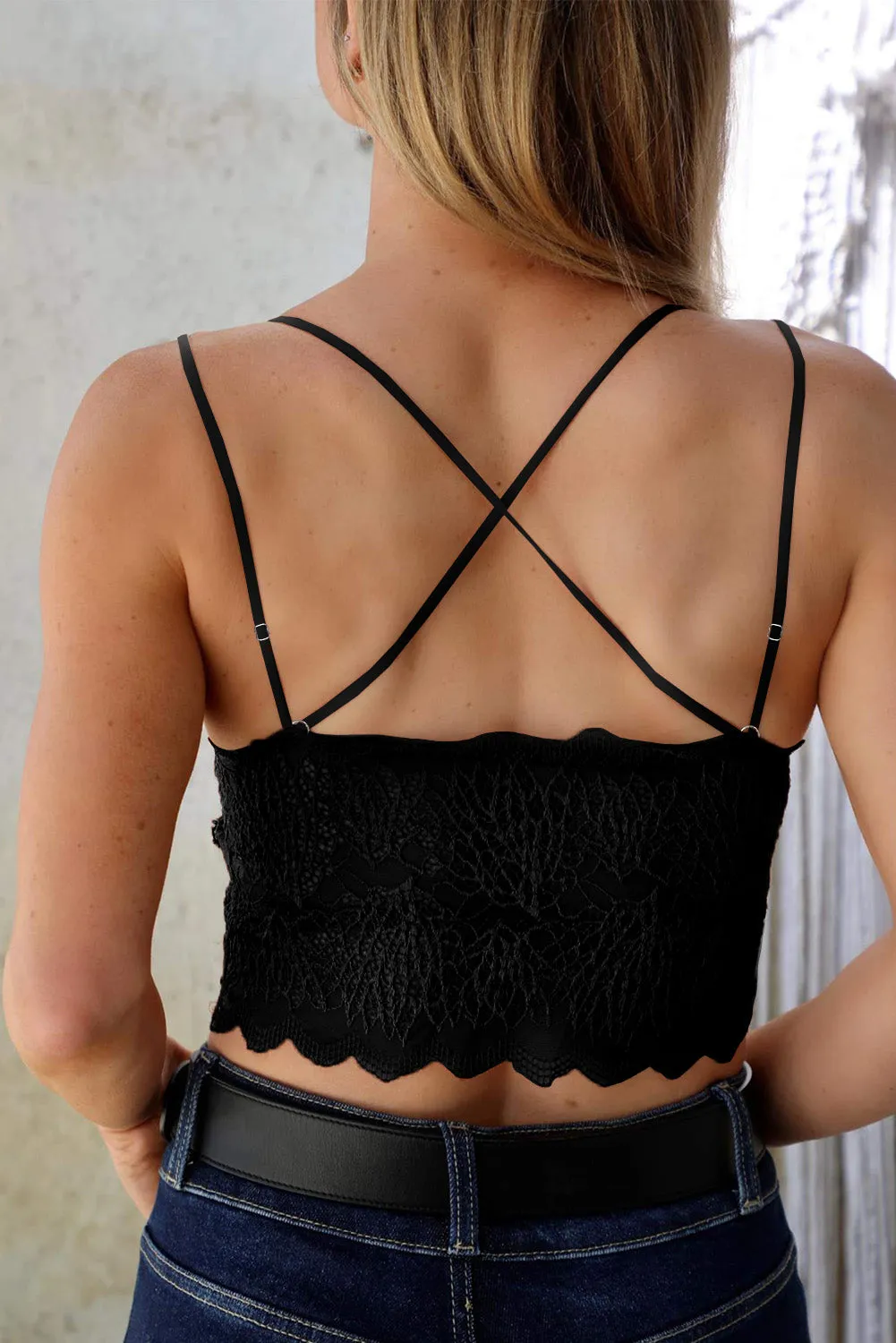 Black Criss Cross Spaghetti Strap Lace Bralette