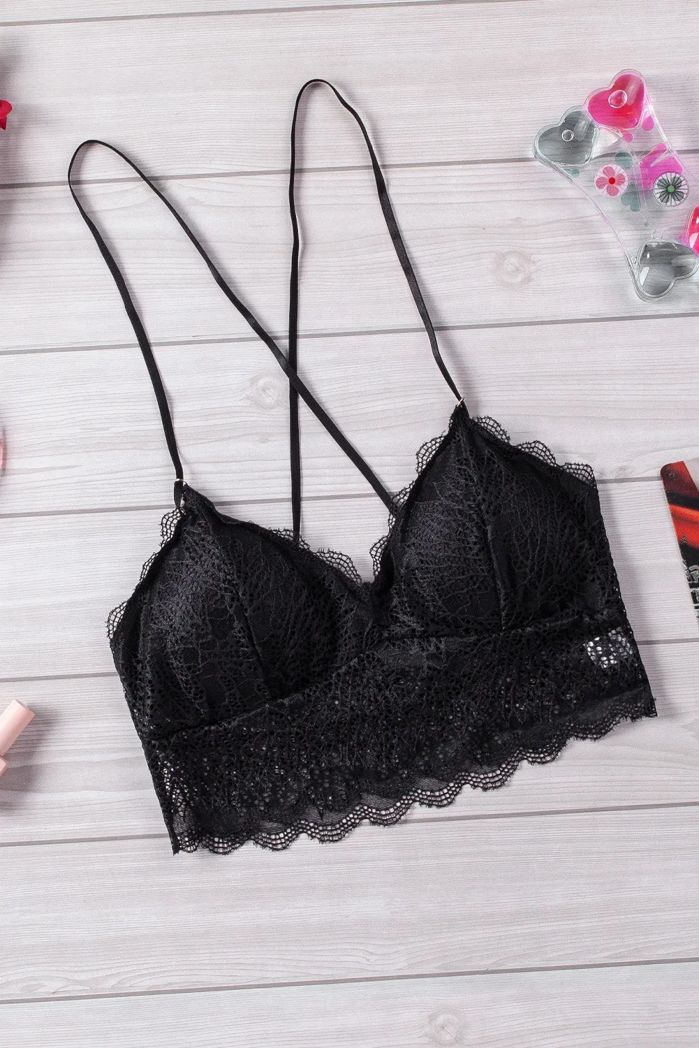 Black Criss Cross Spaghetti Strap Lace Bralette