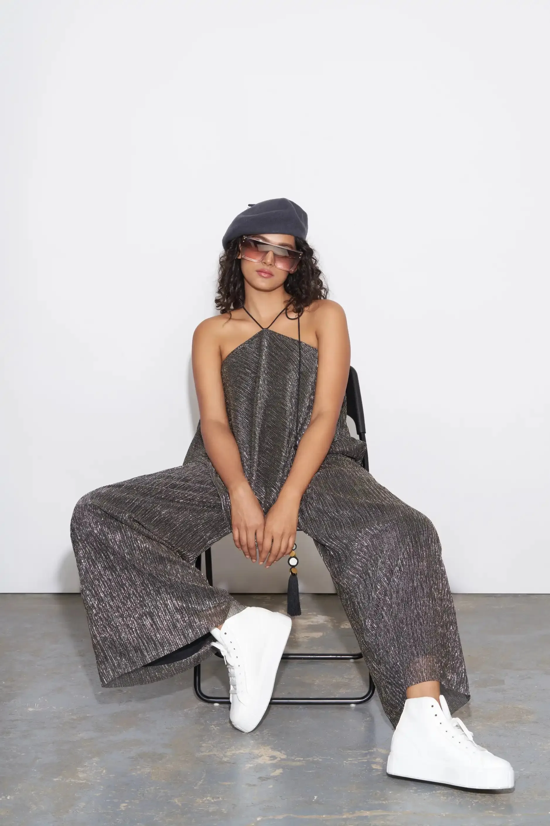 Black Metallic Tie-Up Halter Jumpsuit