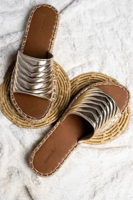 Celestia - Metallic Strap Slides with Round Toe in Gold