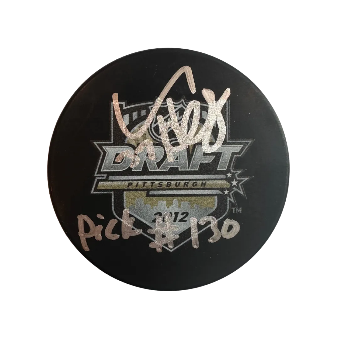 Connor Hellebuyck Winnipeg Jets Autographed Draft Puck w/ "Pick #130" Inscription - Fan Cave COA (Fine)