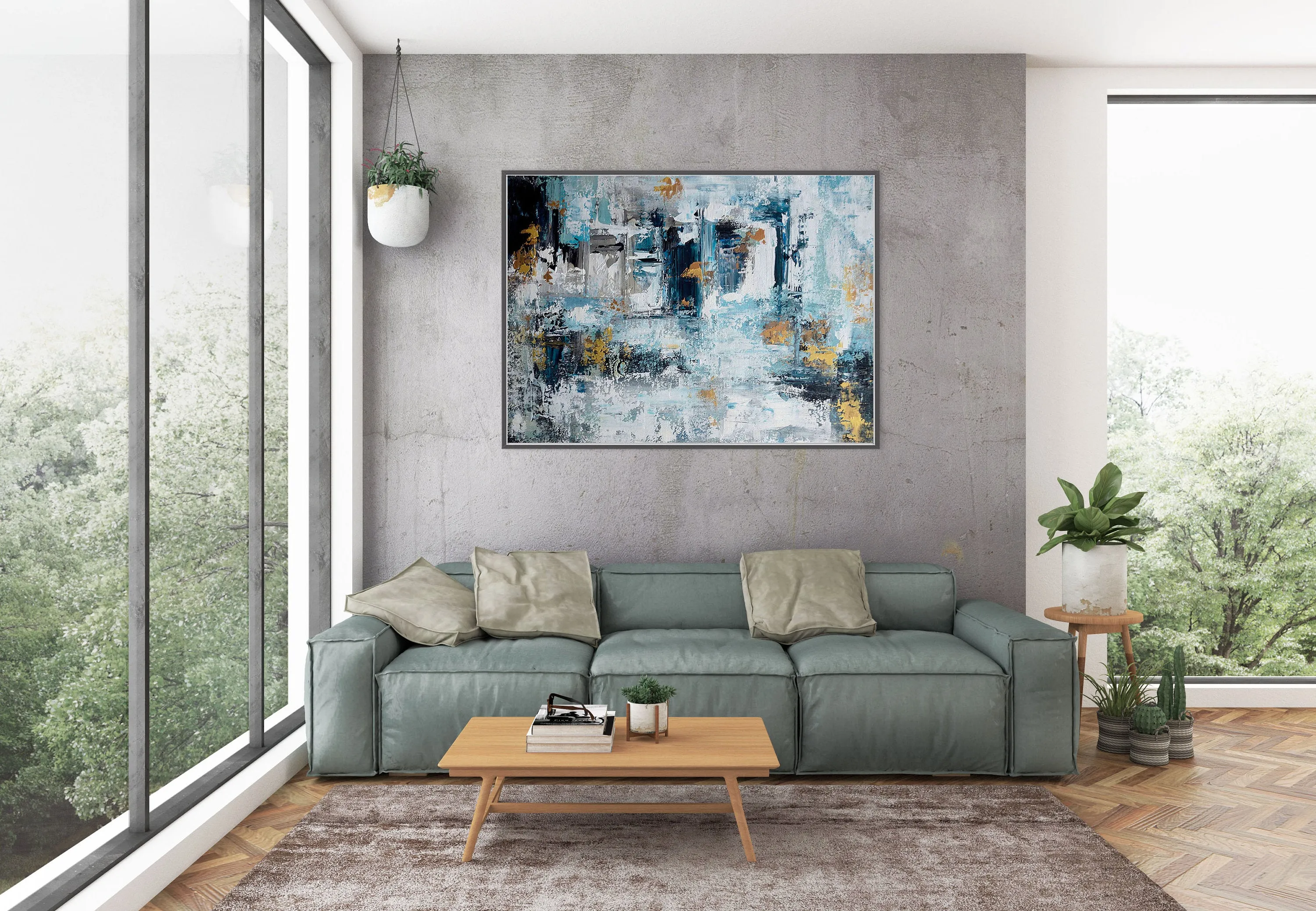 Extra Large Wall Art,Blue Gold Modern Painting,Living Room Wall Art,BL003