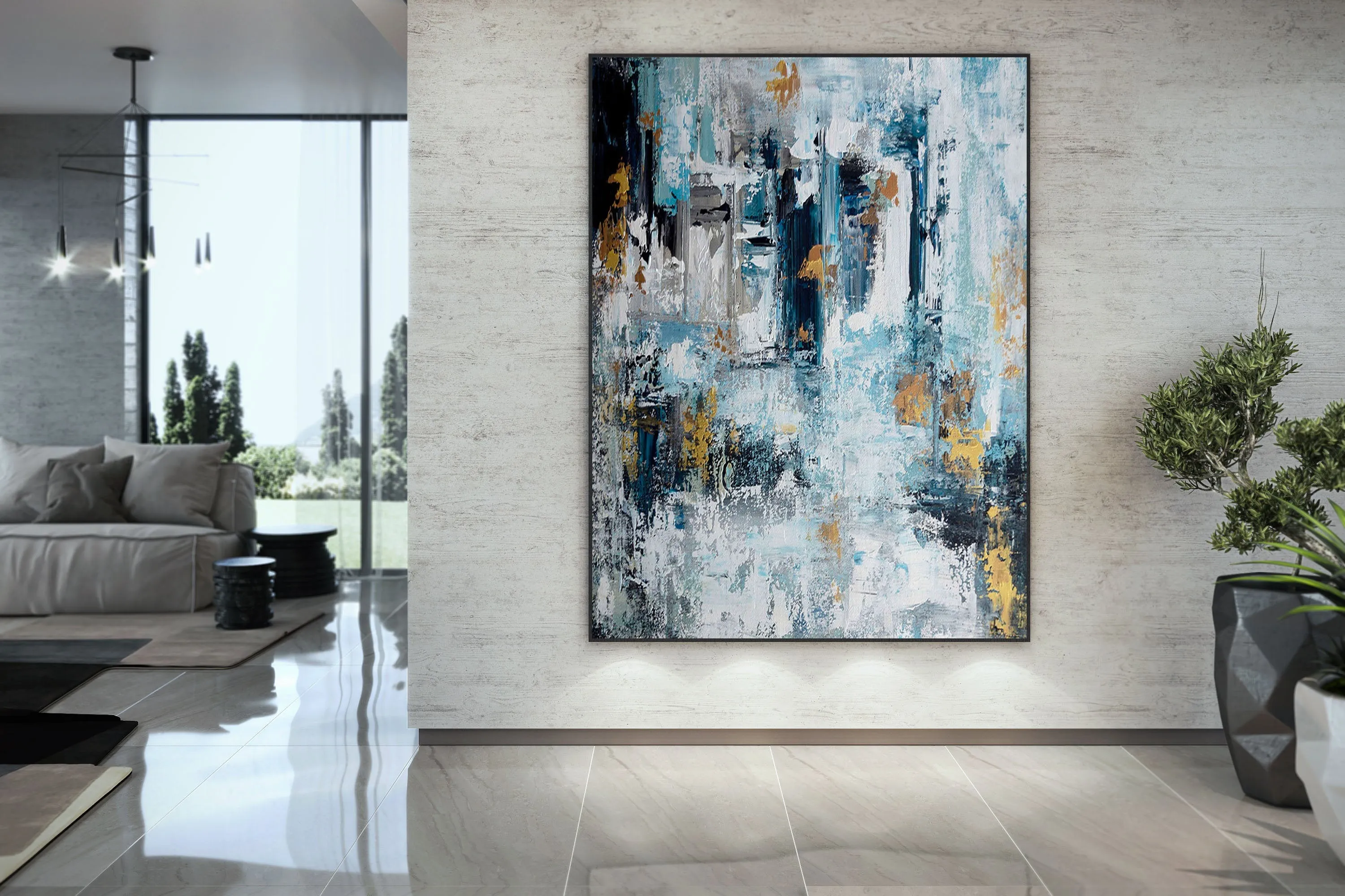 Extra Large Wall Art,Blue Gold Modern Painting,Living Room Wall Art,BL003