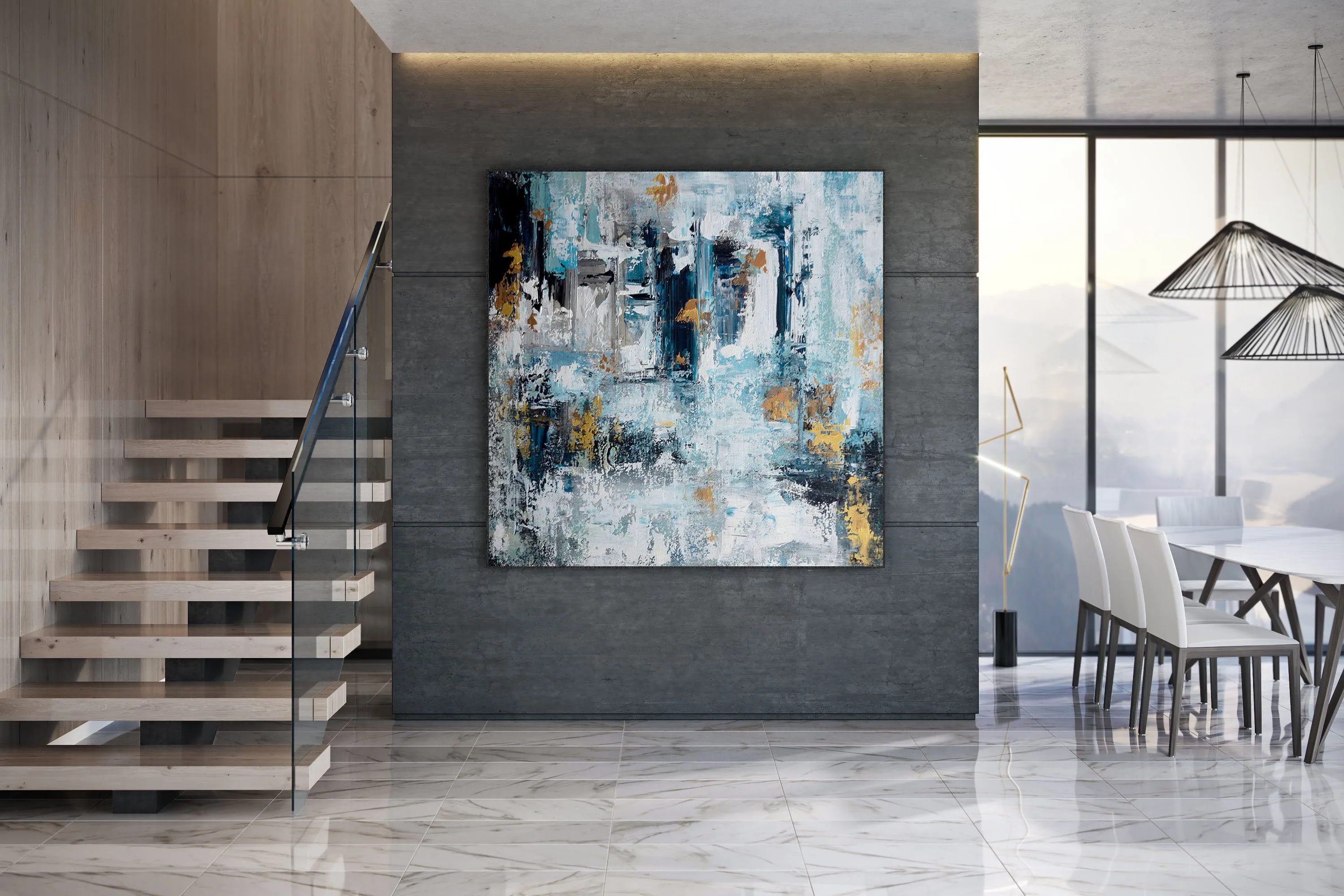 Extra Large Wall Art,Blue Gold Modern Painting,Living Room Wall Art,BL003