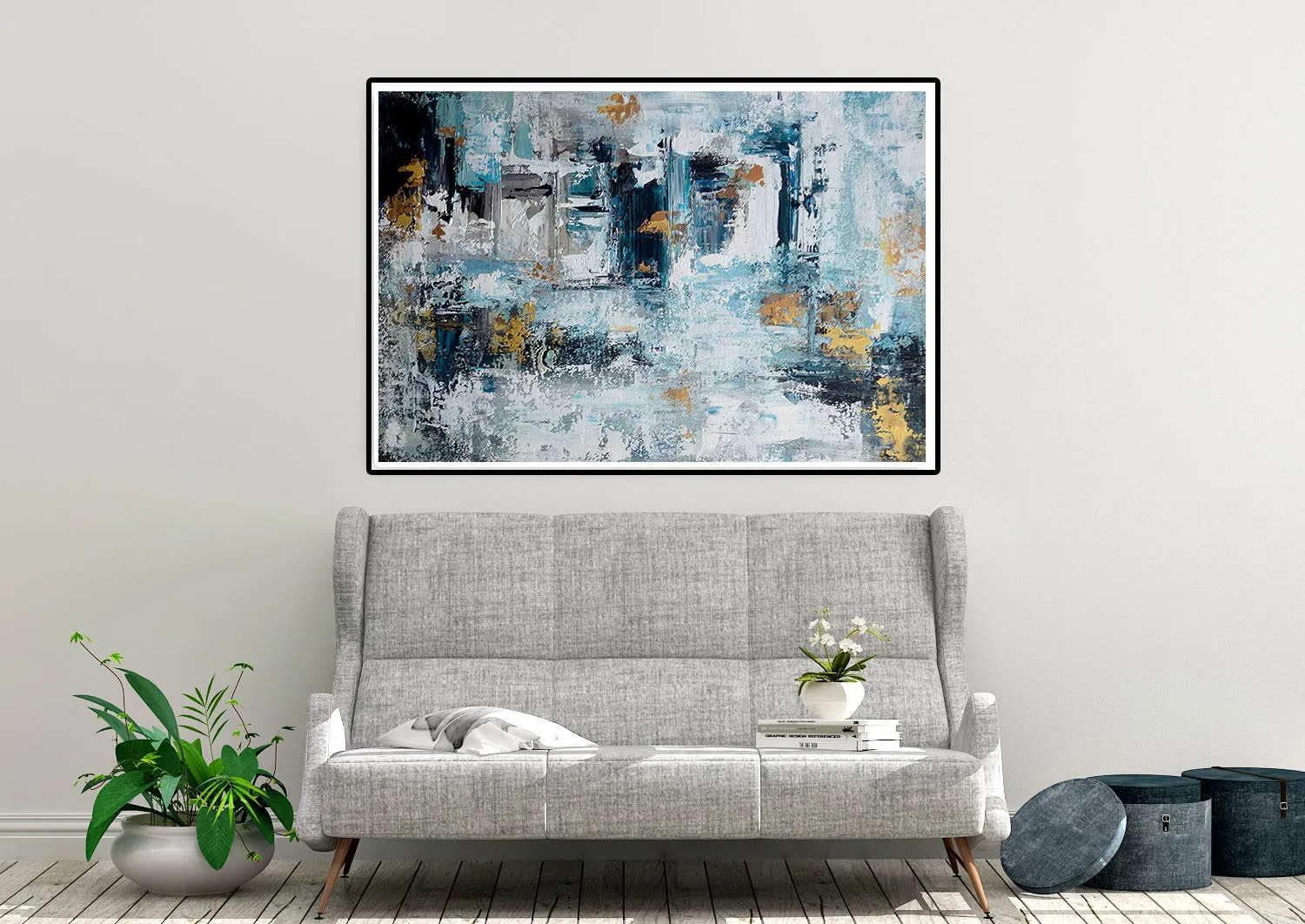 Extra Large Wall Art,Blue Gold Modern Painting,Living Room Wall Art,BL003