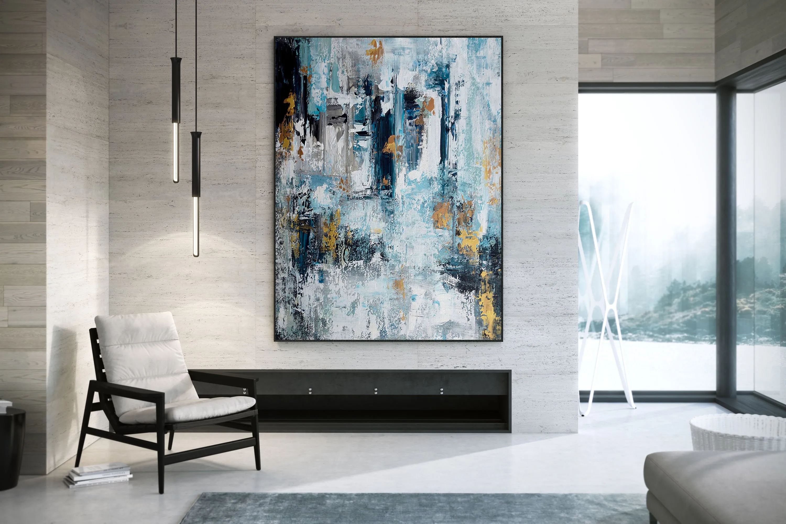 Extra Large Wall Art,Blue Gold Modern Painting,Living Room Wall Art,BL003