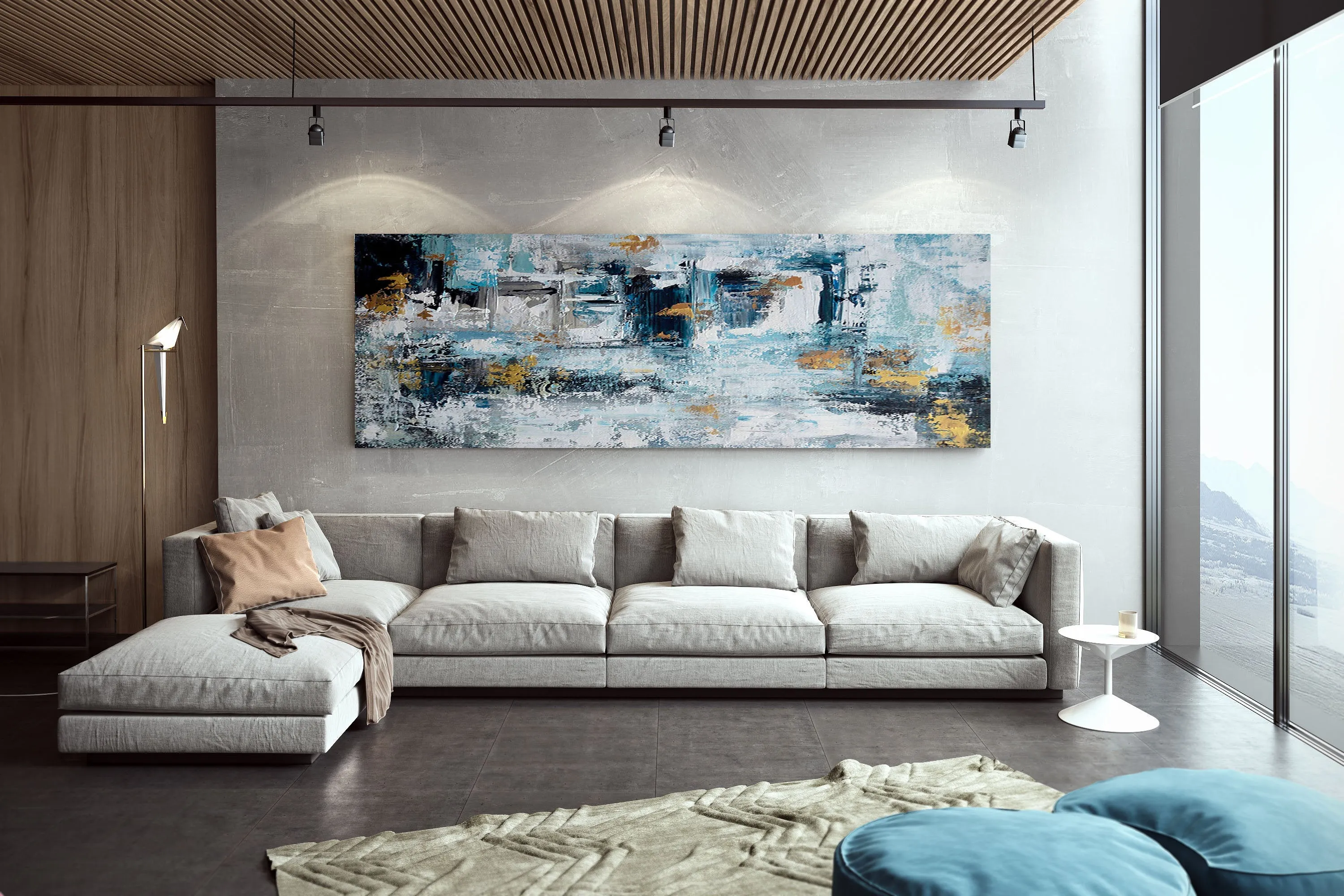 Extra Large Wall Art,Blue Gold Modern Painting,Living Room Wall Art,BL003