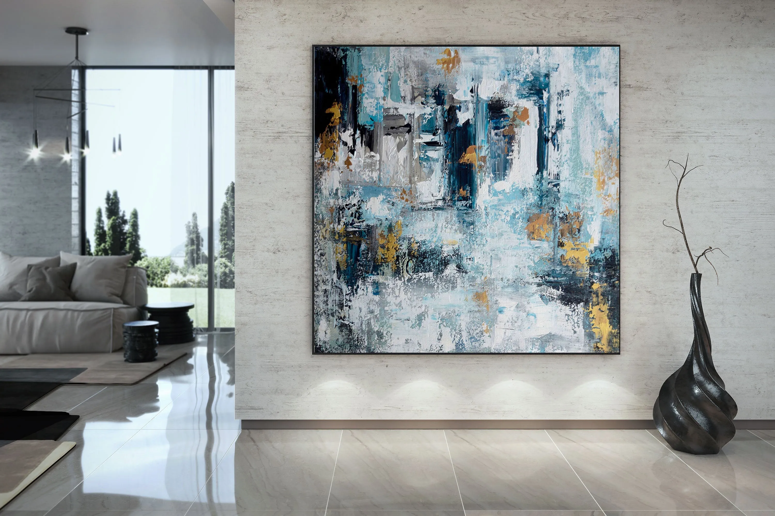 Extra Large Wall Art,Blue Gold Modern Painting,Living Room Wall Art,BL003