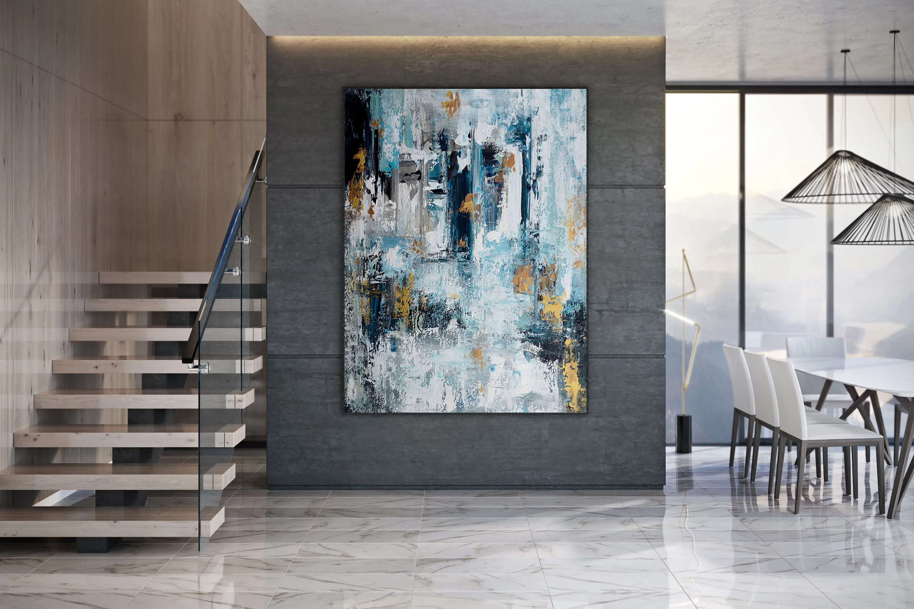 Extra Large Wall Art,Blue Gold Modern Painting,Living Room Wall Art,BL003