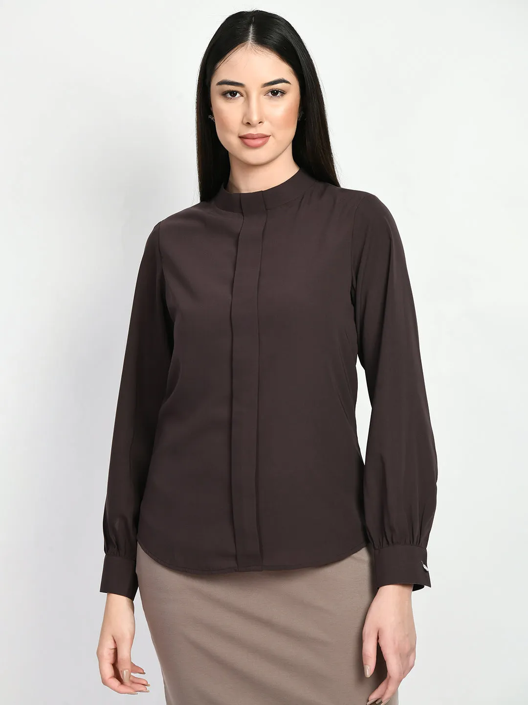 Exude Foresight High Neck Front Pleat Top (Coffee Brown)