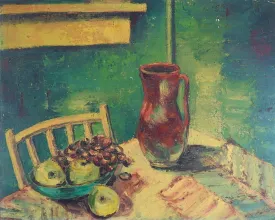 Mid Century Still Life Painting With Grapes & Apples