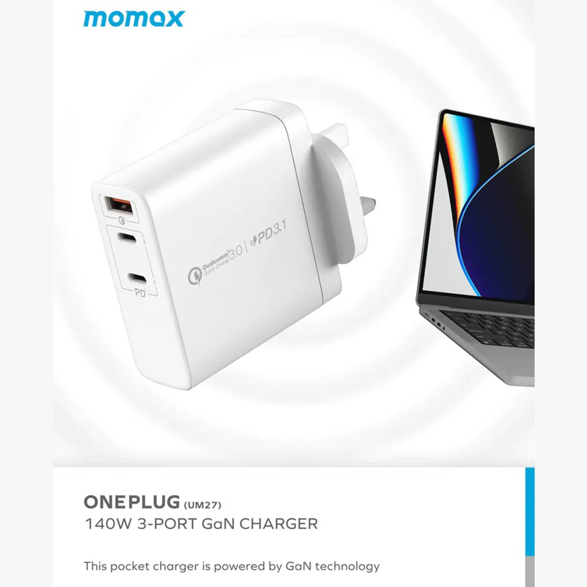 Momax ONEPLUG GaN 140W Triple Output Fast Charger (UM27UKW)