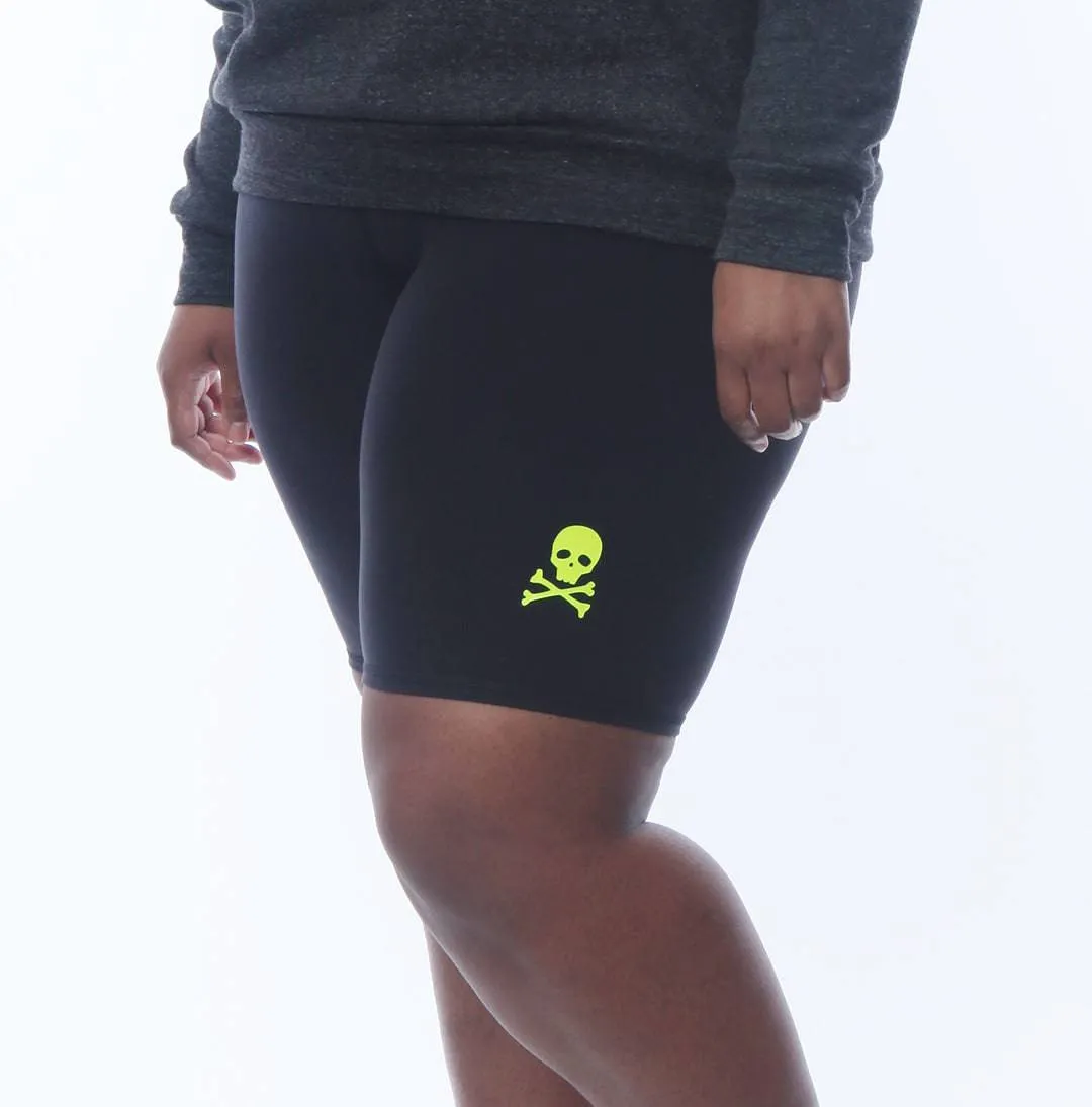 PLUS Size Sofia Spandex Black Biker Shorts - Neon Skull Crossbones