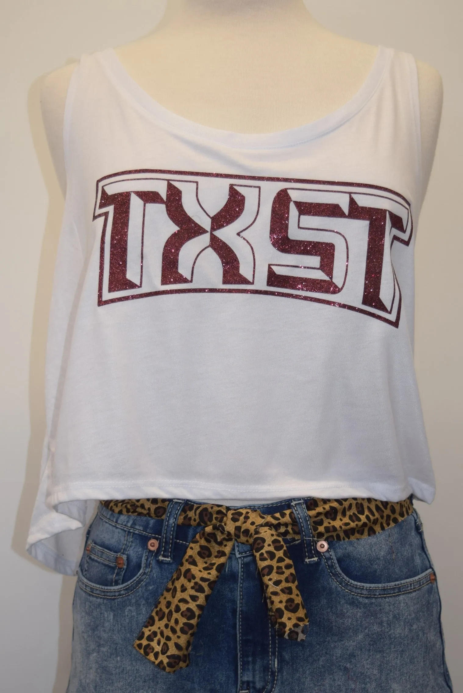 Texas State White Tank w TXST Maroon or Maroon Glitter Vinyl logo