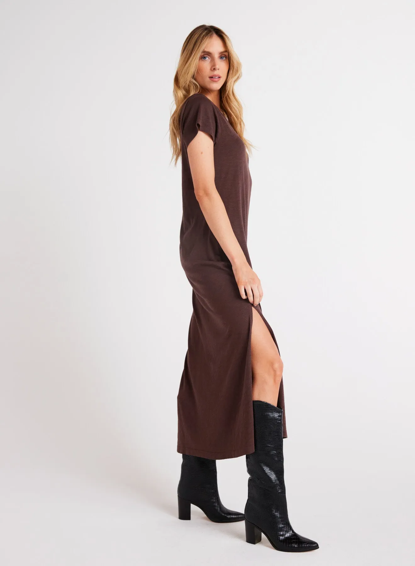 V-Neck Knit Maxi Dress - Chestnut Brown