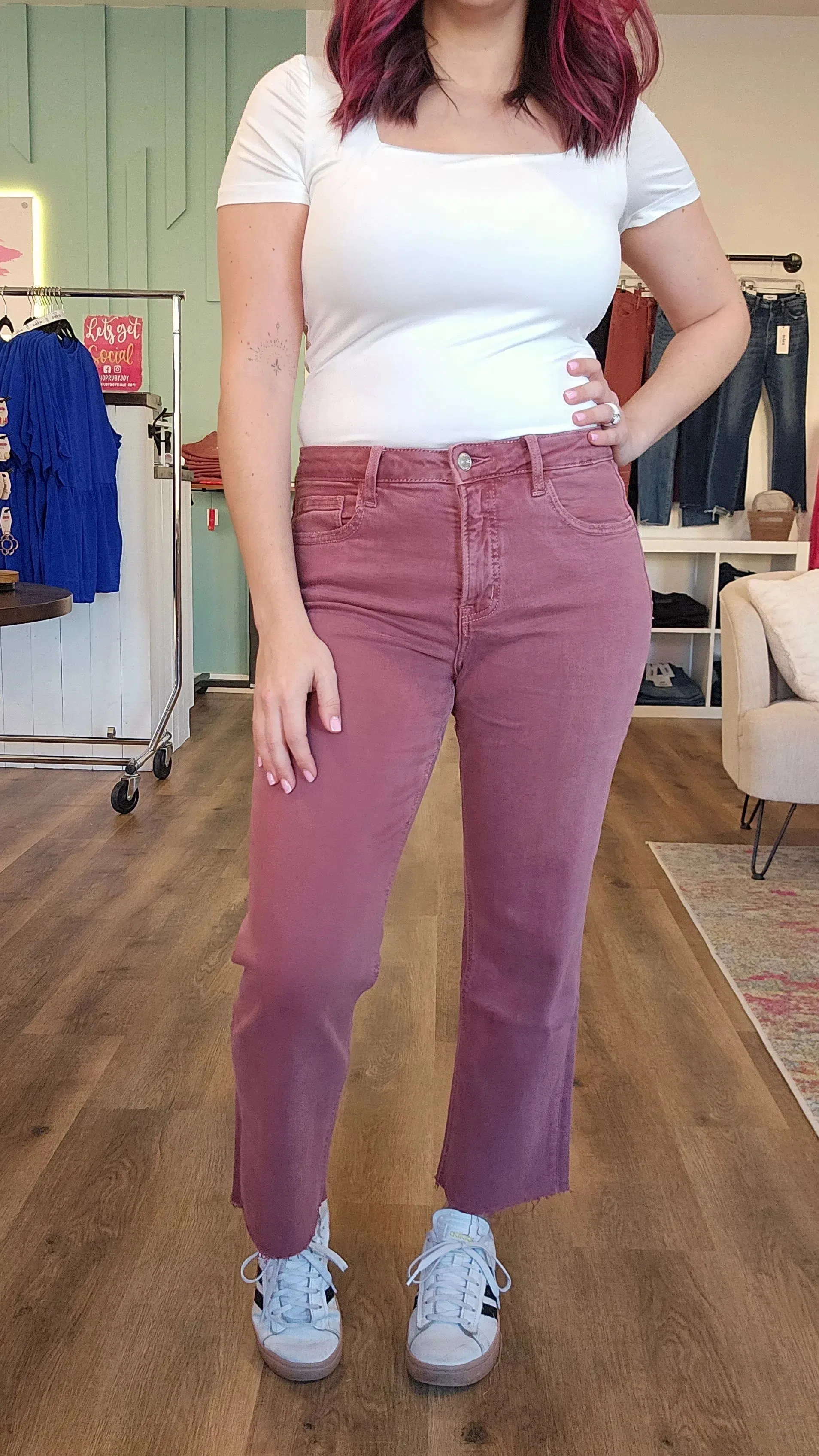 Wine Colored Straight Leg Crop Denim with Tummy Control | Lovervet