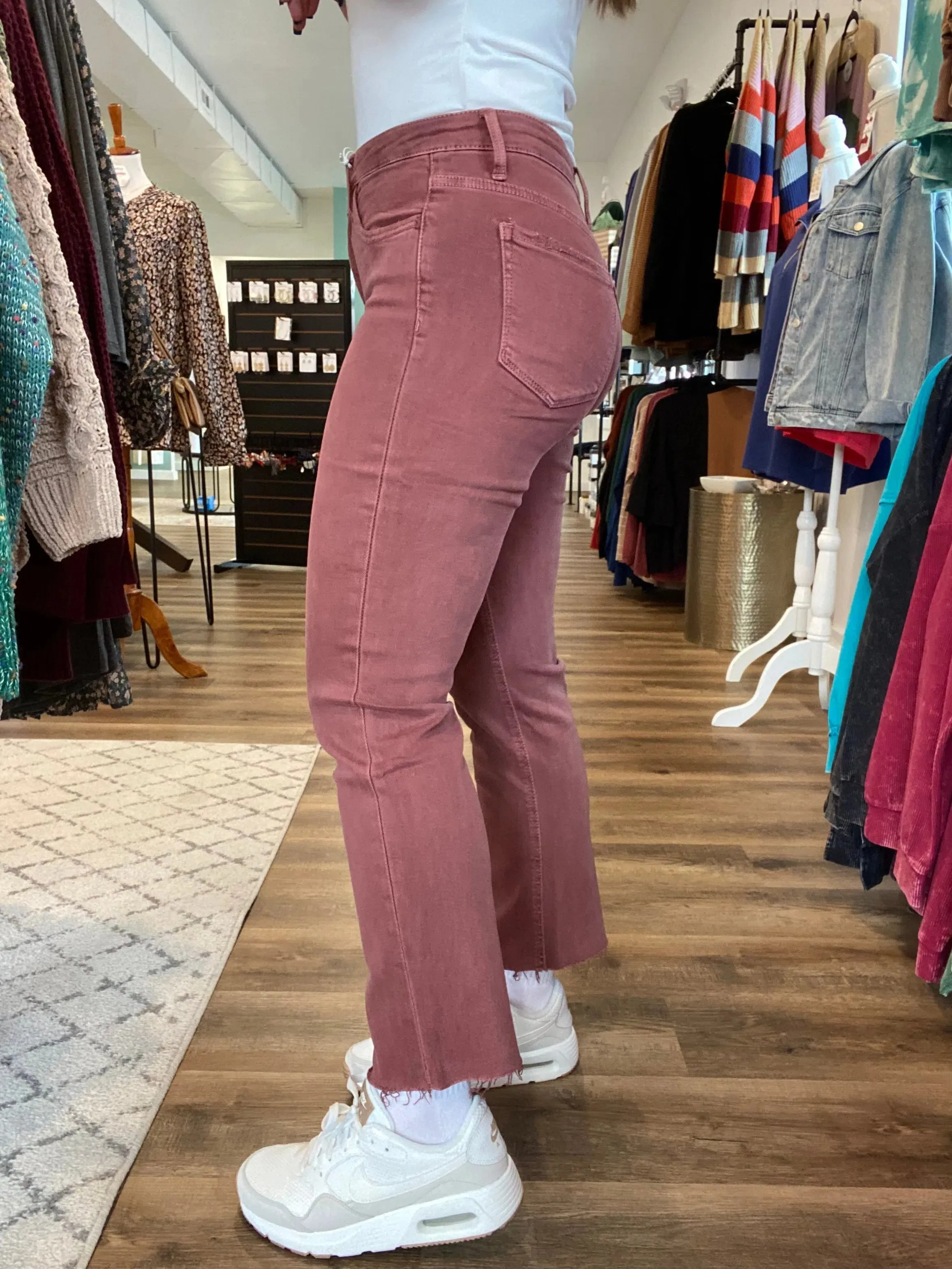 Wine Colored Straight Leg Crop Denim with Tummy Control | Lovervet